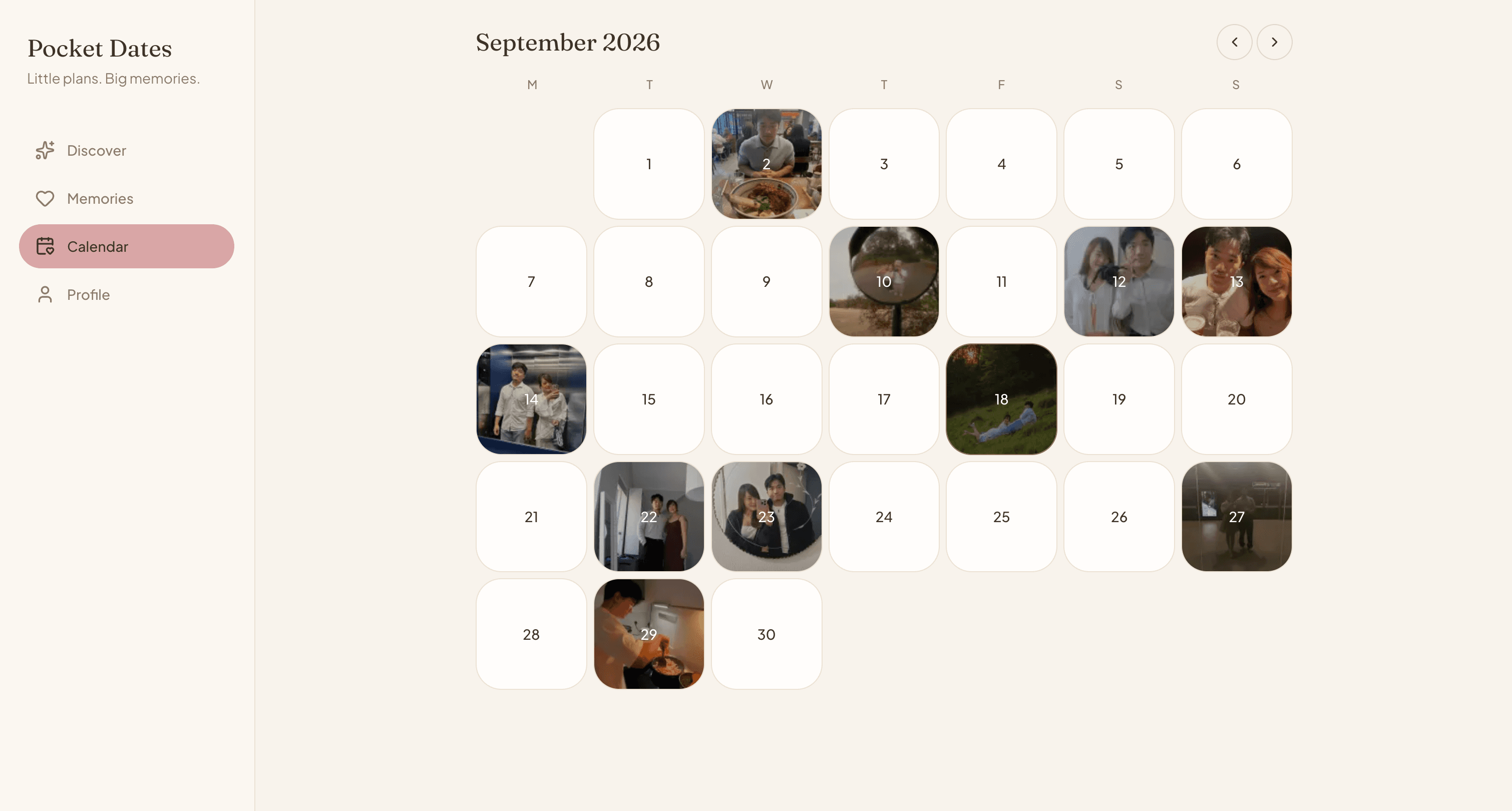 The shared calendar in Pocket Dates, viewed on desktop
